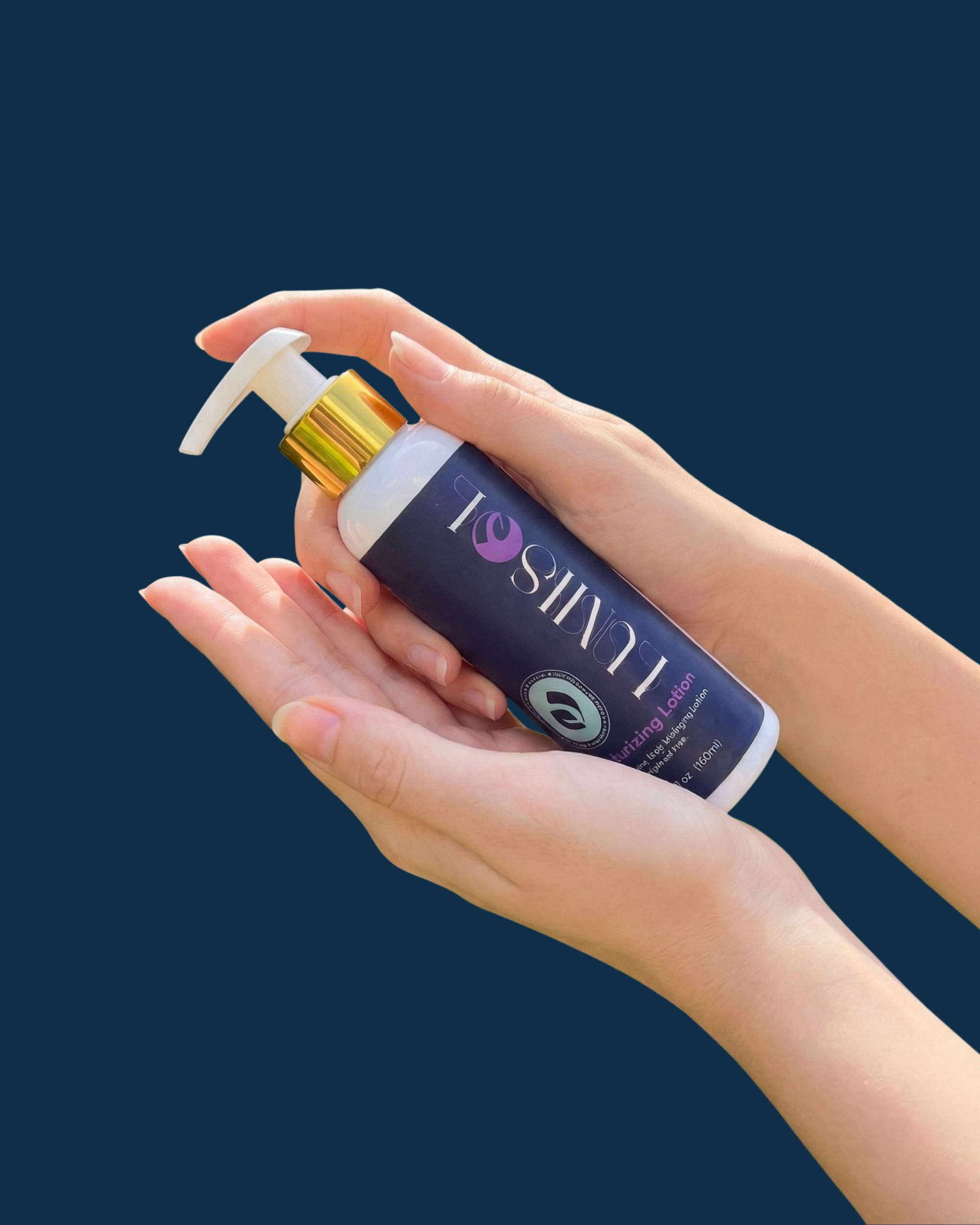 Hand holding a purple and white spray bottle with 'LUSH' branding against a dark blue background