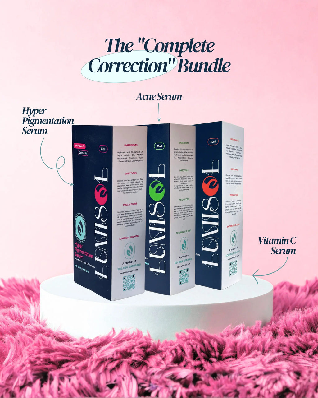 Complete Correction bundle with three Lumisol serums for acne, dark spots and dullness
